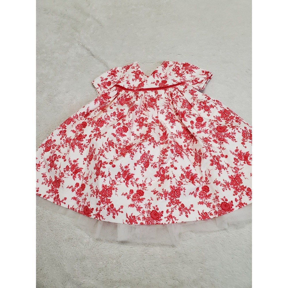 Janie and Jack Red White Floral Print Bow Tulle Short Sleeve Dress 18 24 Months